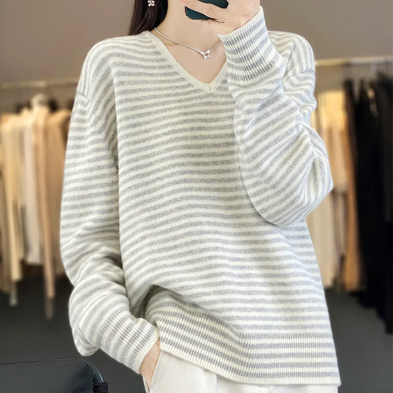 % Wool Sweater Women Pullover Autumn Winter New Knitted Long Sleeve Simple Striped Jacquard