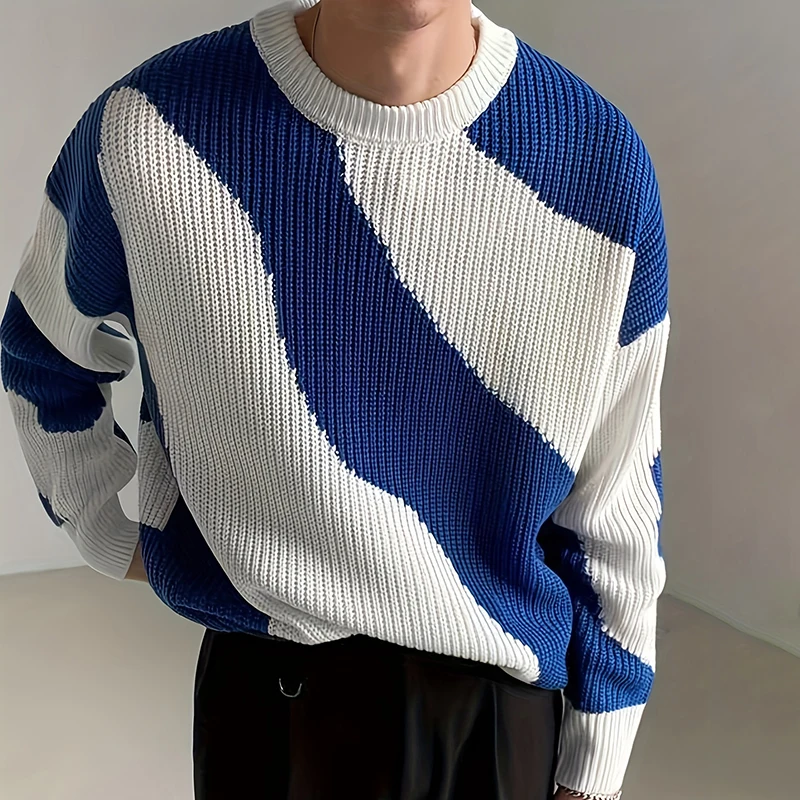 

Irregular Striped Color Block Men's Sweater Pullover American High Street Knitwear Sweater Autumn Winter Patchwork Pullover Knit