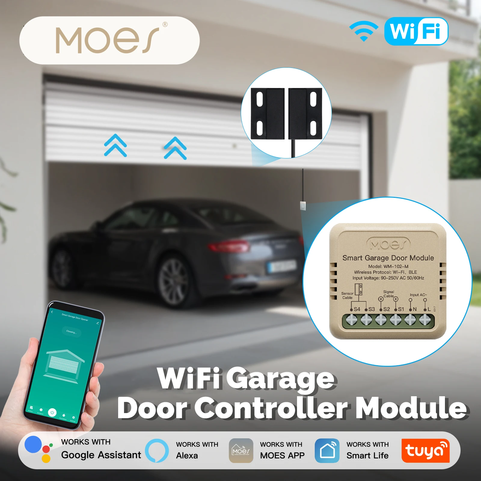 

MOES Tuya WiFi Garage Door Controller Mini Switch Module Door Opener Voice Control Smart App Remote Work With Alexa Google Home