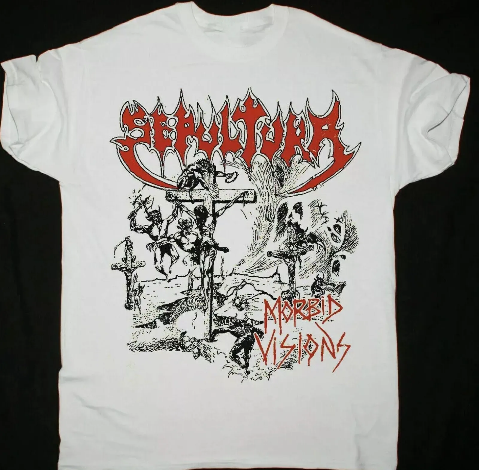 Camiseta masculina de algodão branco de manga curta SEPULTURA MORBID VISIONS