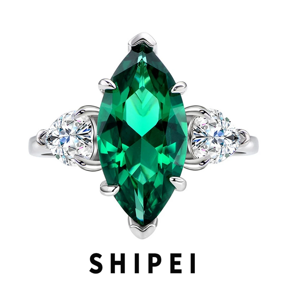 

SHIPEI Luxury 925 Sterling Silver Marquise Cut 8*16MM Emerald Aquamarine Citrine Gemstone Engagement Fine Jewelry Hyperbole Ring