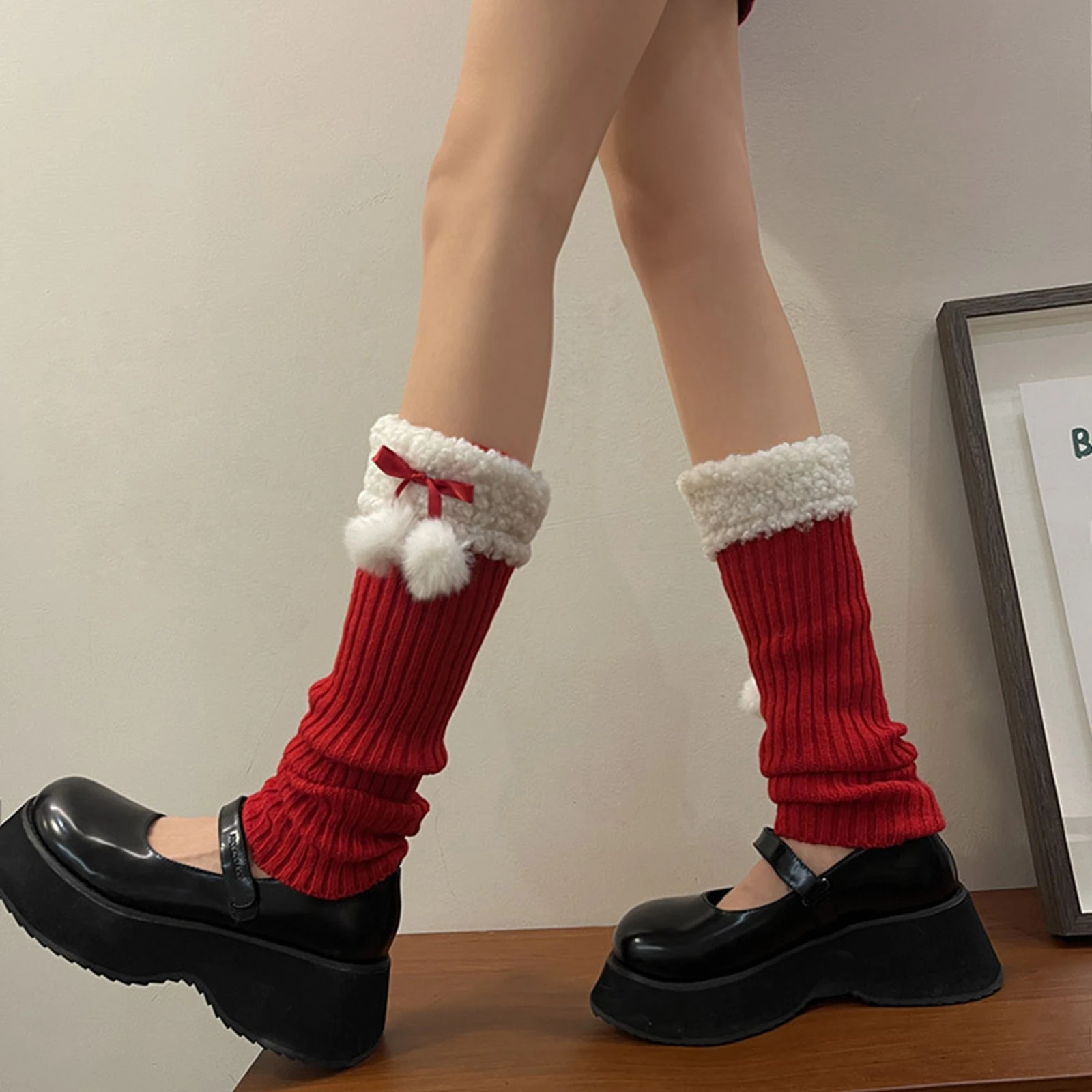 Knitted Christmas Leg Warmers Women's Below Knee Long Socks Leg Sleeves for Party Streetwear Lolita Bow Hair Ball Boot Cuffs