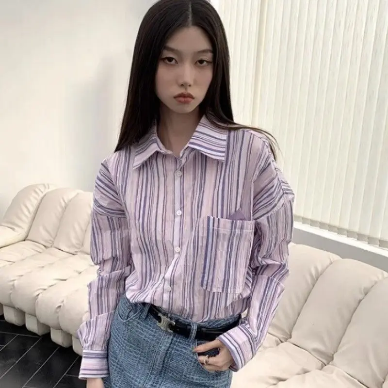 Street American Loose Purple-Pink Long-Sleeved Shirt Ladies Button Elegant Lapel Chic Blouse Autumn Office Women'S Wear.