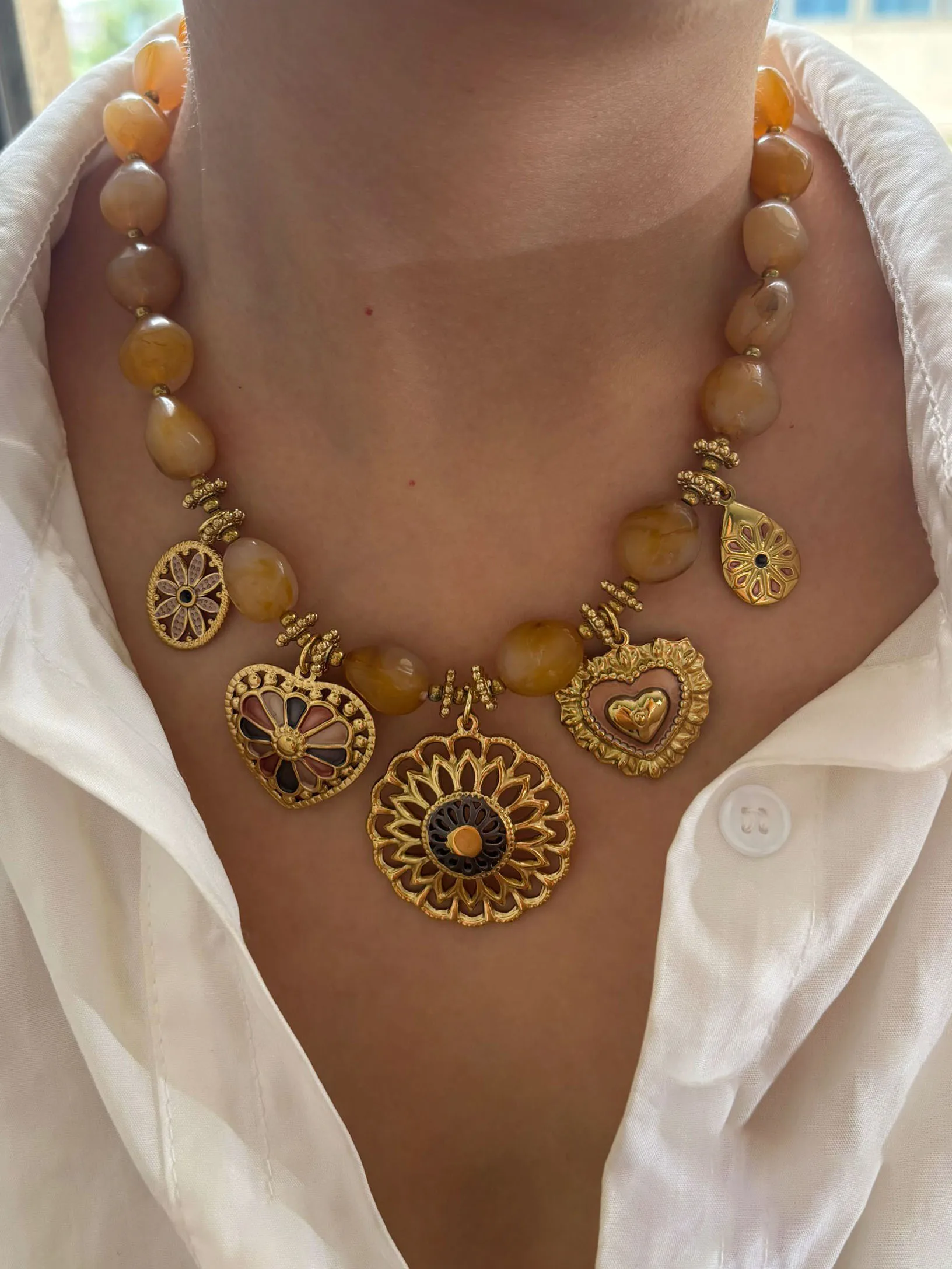 Peri'sbox New Fashion Stainless Steel Gold Plated Heart Round Pendant Necklace for Women Handmade Resin Bead Chain Jewelry Gifts