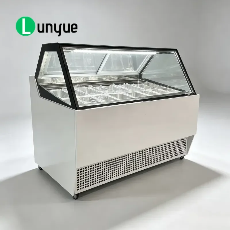 Commercial Stainless Steel Frameless Double Glazed Vertical Ice Cream Display Cabinet Air Cooled Refrigerated Showcase for