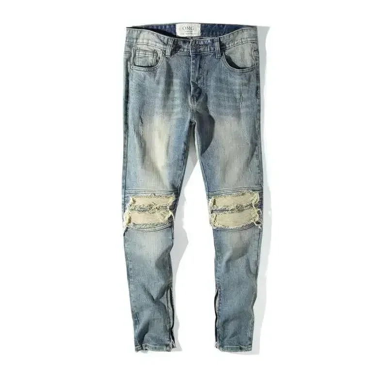 

Man Cowboy Pants Broken Trousers Torn Men's Jeans Zipper with Slits Holes Ripped Motorcycle Light Blue Spring Autumn Designer Xs