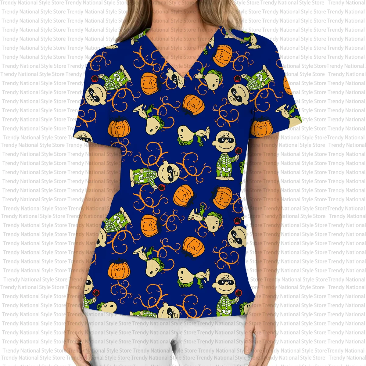 المرأة العمل موحدة الكرتون هالوين سنوبي فرك الأعلى مع جيب الخامس الرقبة تي شيرتات قصيرة الاكمام طباعة الأسنان الحيوانات الأليفة متجر أعلى