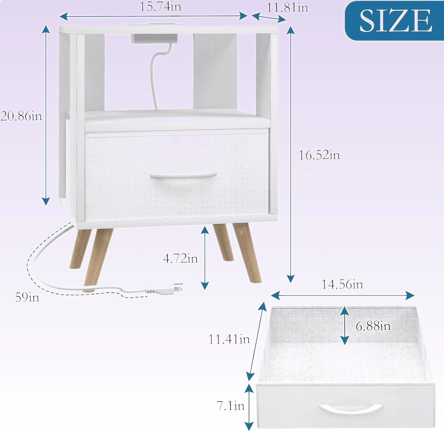 2-Tier Kids Nightstand with Charging Station, Modern Side Table for Bedroom