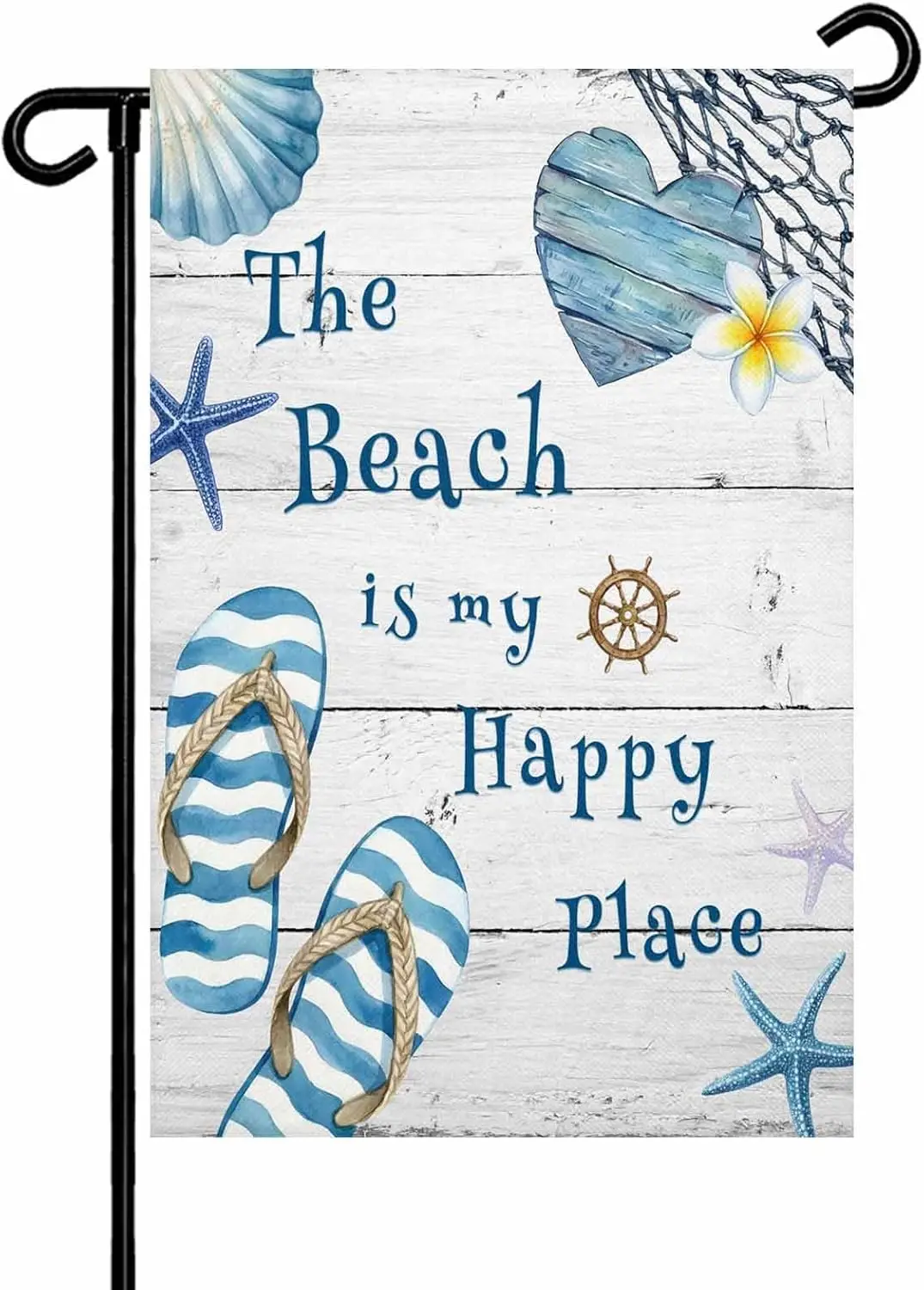 The Beach Is My Happy Place Garden Flag for Outside, Summer Ocean Slippers Starfish Shell Wood Grain 28x40 Inch Double Sided AAS