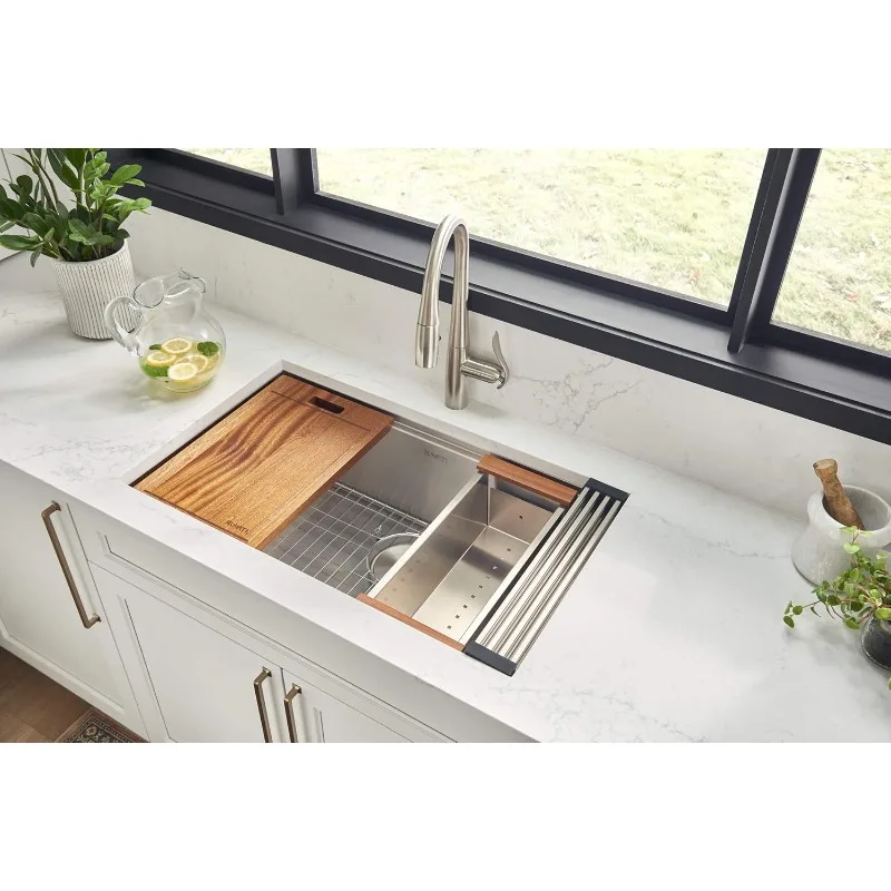 24-inch Workstation Rounded Corners Undermount Ledge Kitchen Sink with Accessories