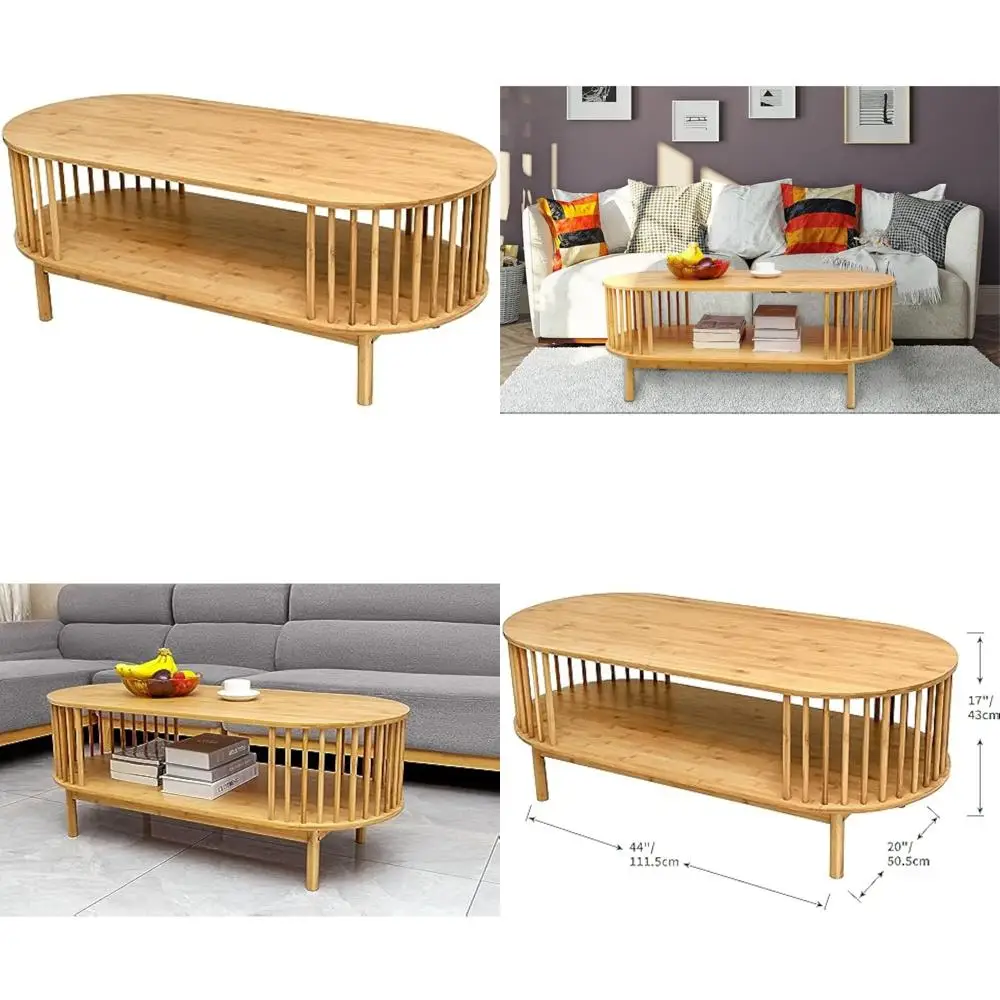 

Двухуровневый бамбуковый журнальный столик в фермерском доме с полкой для хранения для гостиной