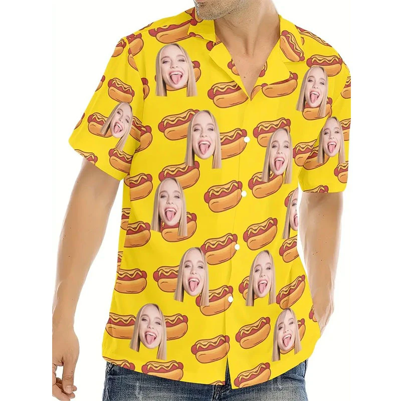 

Hawaiian Custom Image Hot Dog 3D Printed Shirts For Unisex Funny Birthday Gift Personalized DIY Photo Blouses Women Couple Tops