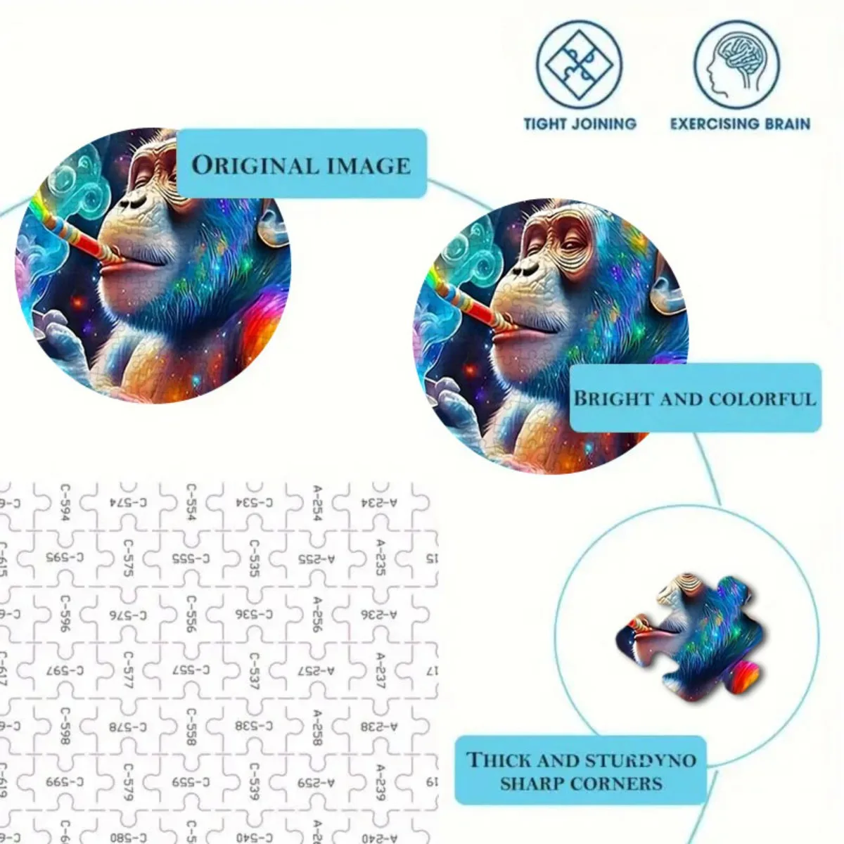 Puzzle dla dorosłych i rodzin - 500/1000/1200 elementów, duże, trudne, trójwymiarowe, tęczowe, z motywem małpy i szympansa w stylu kameleon, grube, D