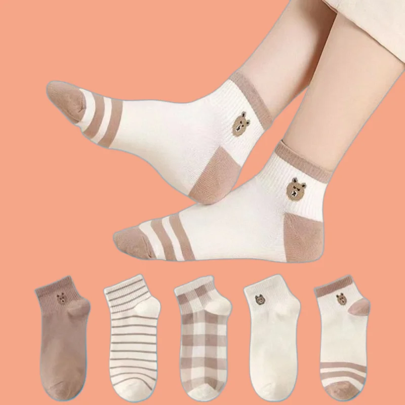 

5/10 Pairs High Quality Cute College Style Bear Boat Socks Women's Thin Shallow Mouth Casual Boat Socks Spring And Summer Socks