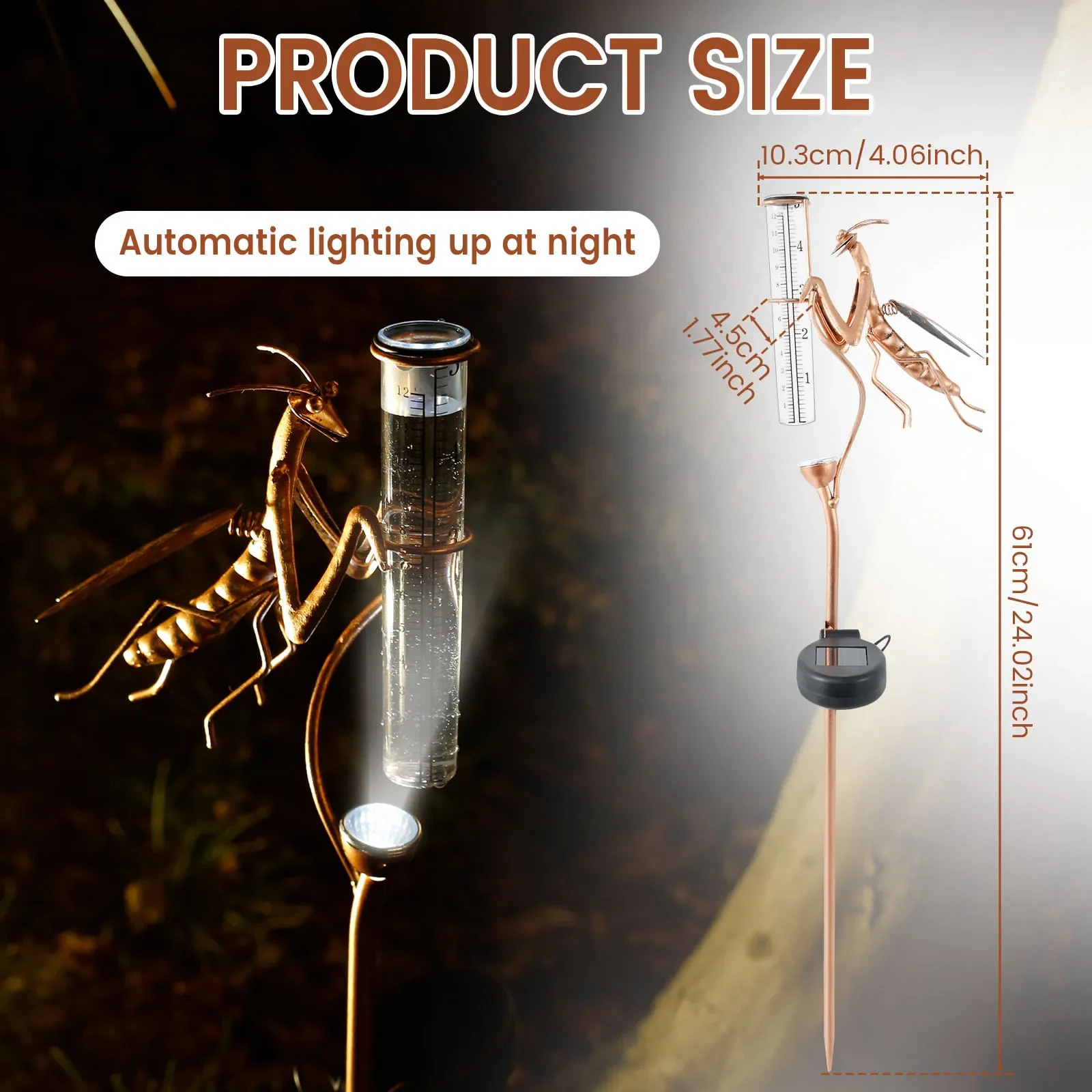 Rain Gauge Outdoor Metal Mantis Rain Gauges Solar Rain Measure Gauge with Lights Decorative Garden Rain Measure Tool for Gardens