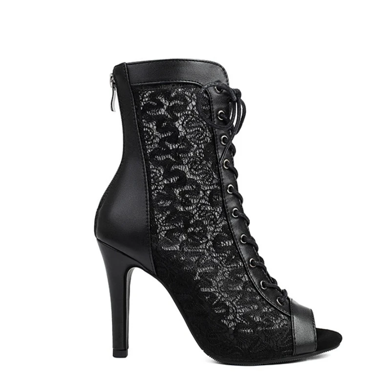 Mesh Ankle Boots Women Stiletto Heel Hollow Out Cool Boots Flower Print Lace Up High Heels Peep Toe Jazz Shoes Sandals Big Size view 2