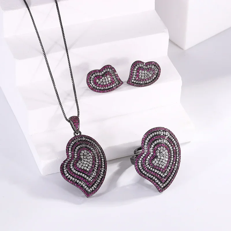 

S925 Silver Plated 18K Gold Plated PT950 Platinum Red Corundum Heart-shaped Full Diamond Black Gold Set Women's Jewelry