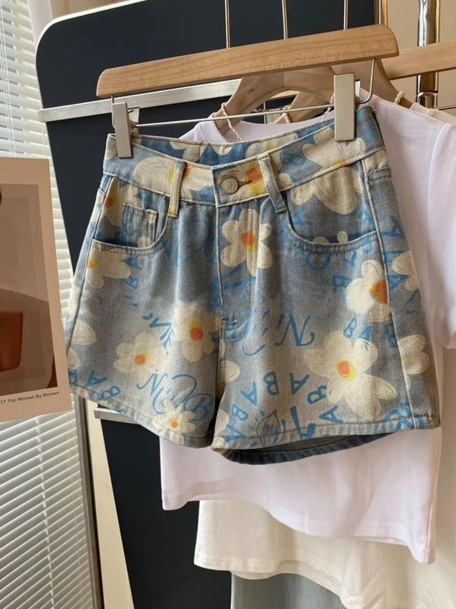 

Oversized Flower Printting Denim Shorts Women Summer High Waist A-line Wide Leg Hot Shorts Fashion Trend All-matched Shorts