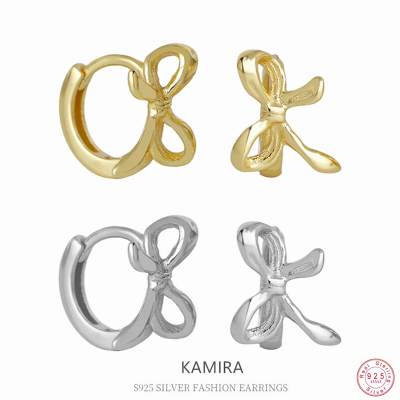 KAMIRA Real 925 Sterling Silver Elegant Unique Gold Bow Hoop Hug Earrings for Women Party Temperament Fashion Exquisite Jewelry