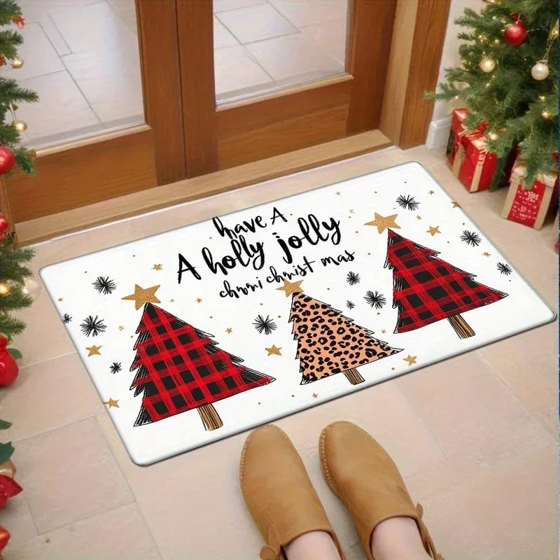 1pc Festive Christmas Joy Door Mat - Non-Slip, Machine Washable, Polyester Flannel Mat with Snowflake & Christmas Tree Print for