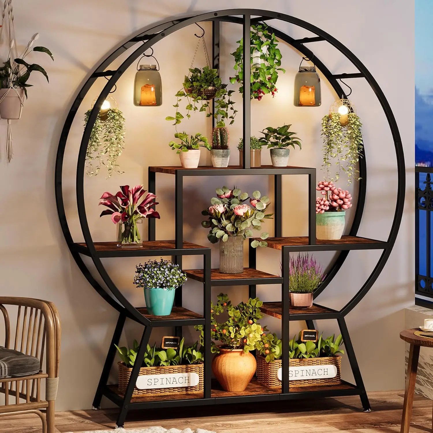 

Tribesigns 7-Tier Round Indoor Plant Stand, 65" Large Tall Plant Shelf with 6 S Hanging Hooks, Industrial Wood Flower Stand Bons