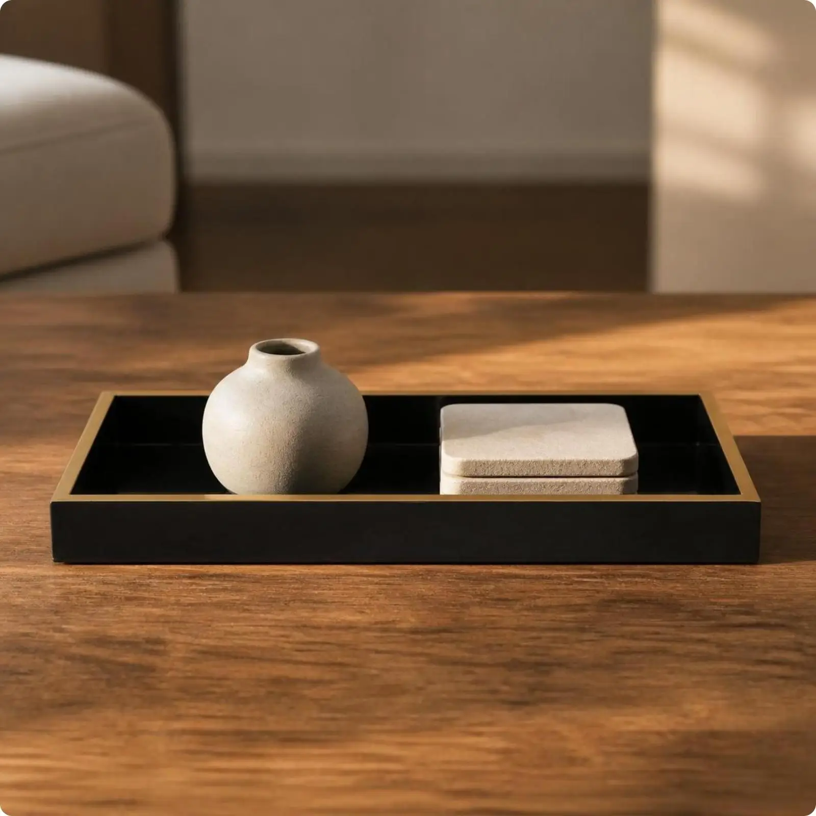 Decorative Tray with Gold Rim | Sleek, Low-Profile Design, Rectangular Tray, for Vanity
