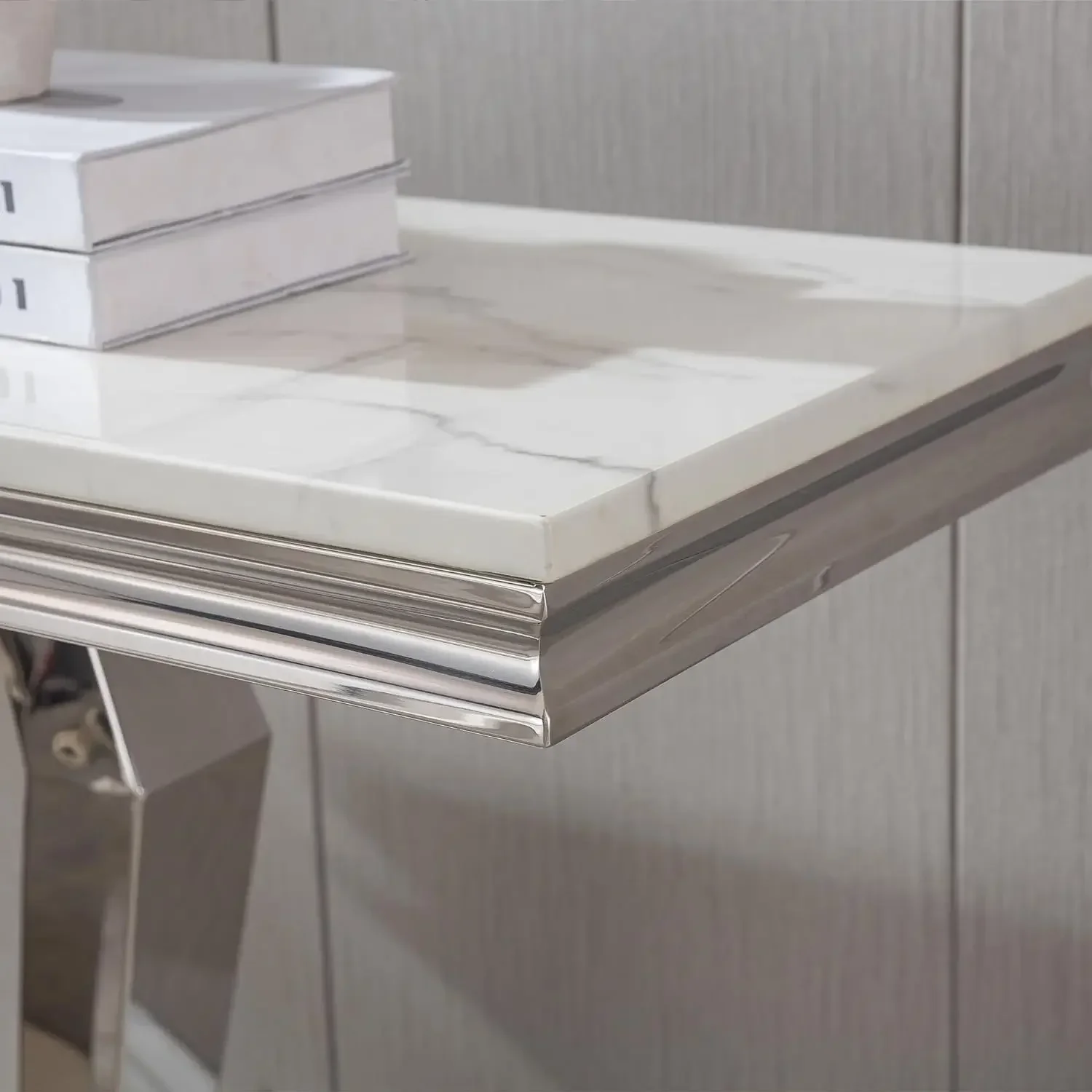 White Marble Console Table with Stainless Steel Diamond-Shaped Base, Faux Marble Top Console Table Narrow Console Table
