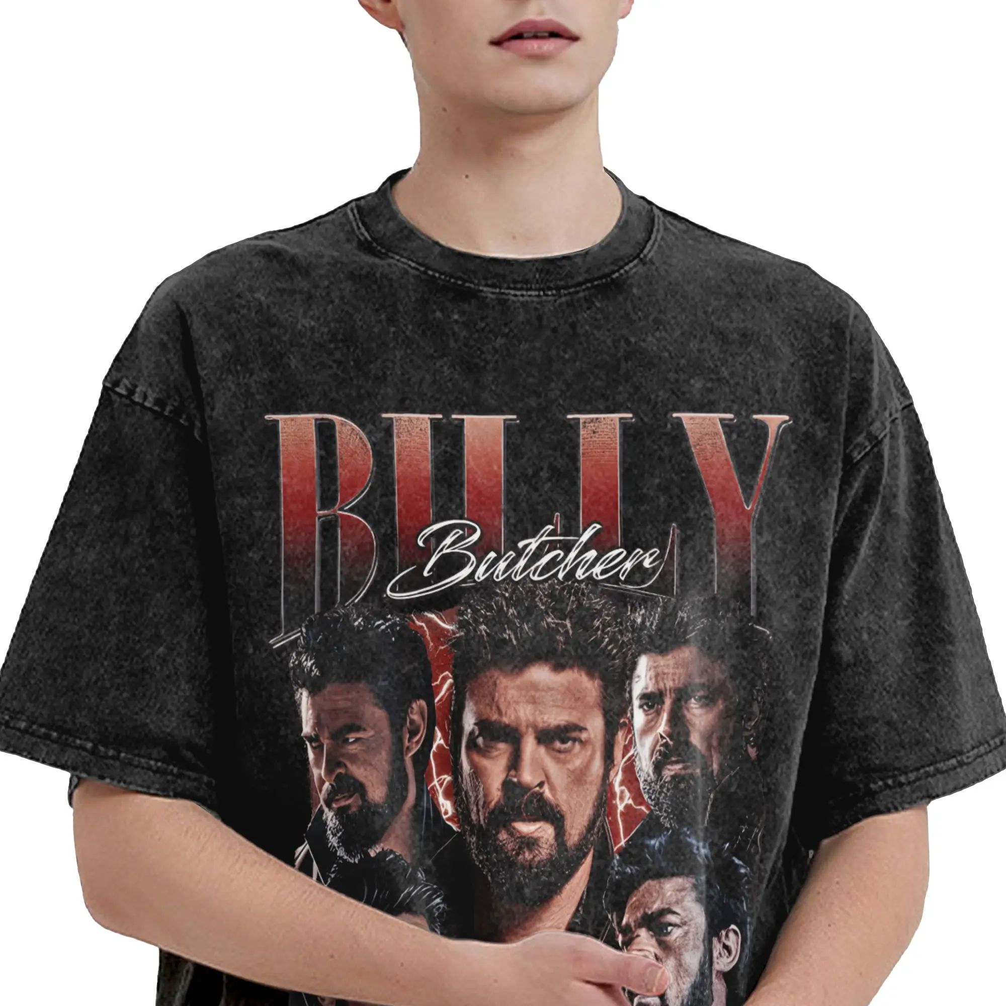Men's T-Shirt Billy Butcher Washed T Shirts Novelty Boys Summer Tee Shirt Y2K Basic Print Cotton Tops Birthday Gift