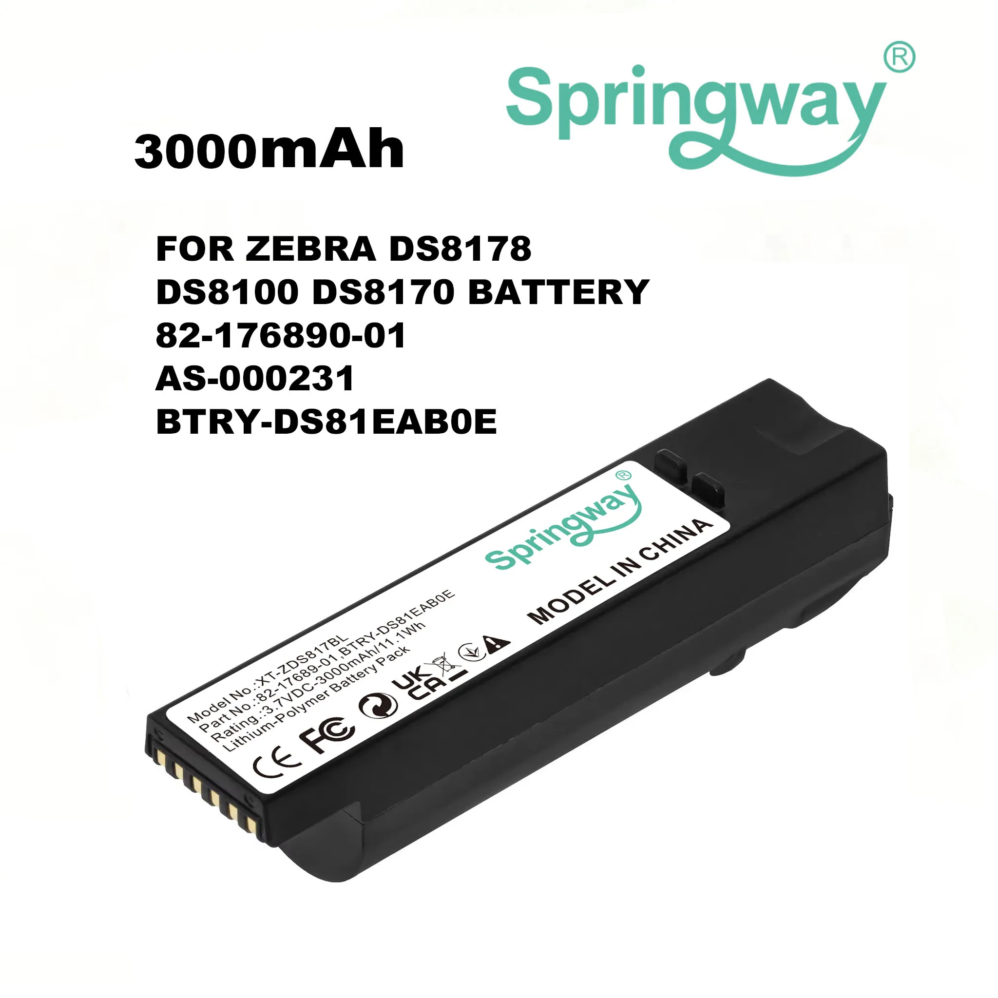 SPRINGWAY Barcode Scanner Battery For Zebra:82-176890-01,AS-000231,BTRY-DS81EAB0E,DS8178,DS8100,DS8170,-3000mAh / 11.1Wh--Li-ion