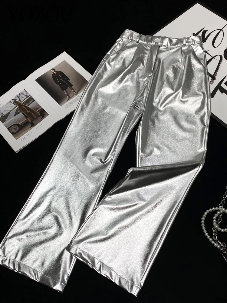 

[YOZOU] Luxury Chic Icon Silver Metallic Shiny High Waist Flare Pants Modern Women Aesthetic Bottoms Slacks Party Streetwear