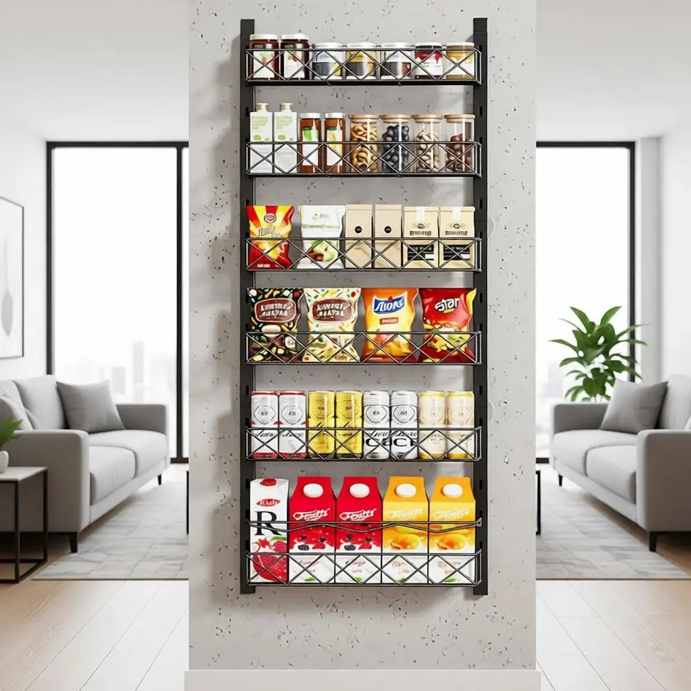 

6-уровневый черный органайзер для дверцы кладовой с регулируемыми корзинами для специй, полки для дверцы шкафа, решения для хранения в прачечной