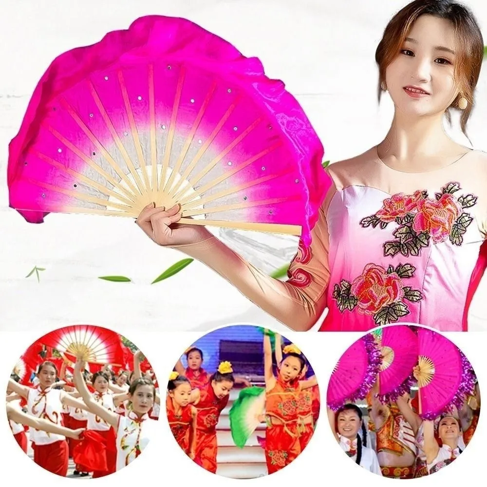 32.5cm Chinese Short Bellydance Fan Plastic Stick with 10cm Half Circle Silk Veil Pairs Hand Dye Adults Fan