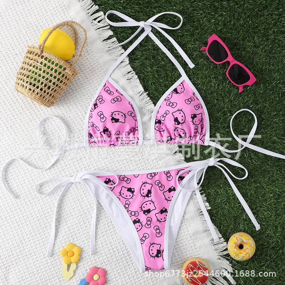 

Kawaii Y2K Hello Kitty Bikini Swimsuit Suit for Women Sanrioed Anime Sexy Hot Girl Sexy Pink Underwear Bra Panties Beach Seaside