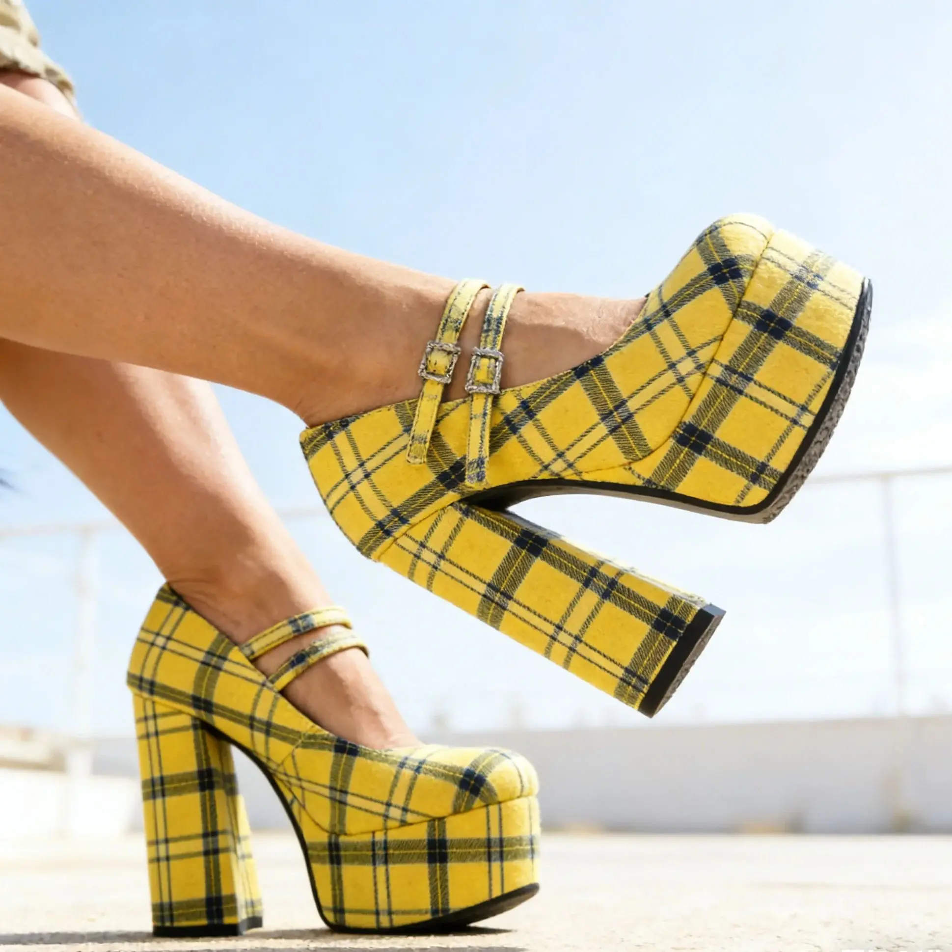 Women's Yellow Plaid Double Platform Heels - Mary Jane Ankle Strap Chunky Heel Pumps for Party & Club