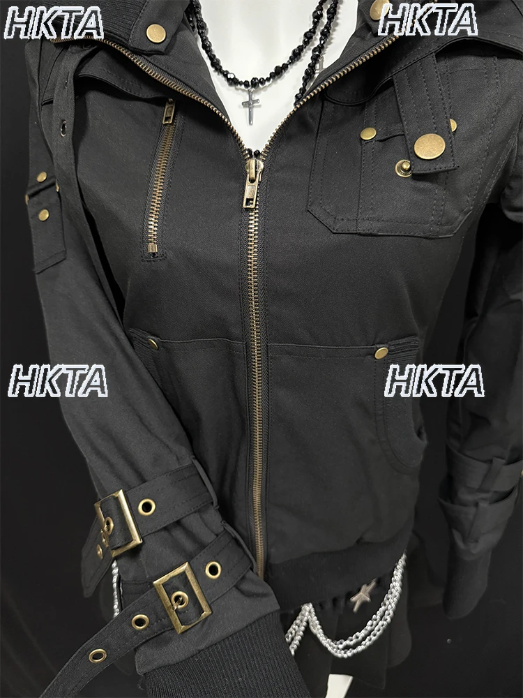 

Punk Goth Dark Subculture Y2k Rock Personality Hooded Short Jacket Sweet Cool Biker 2025 Autumn Winter New Zip Black Coat Women