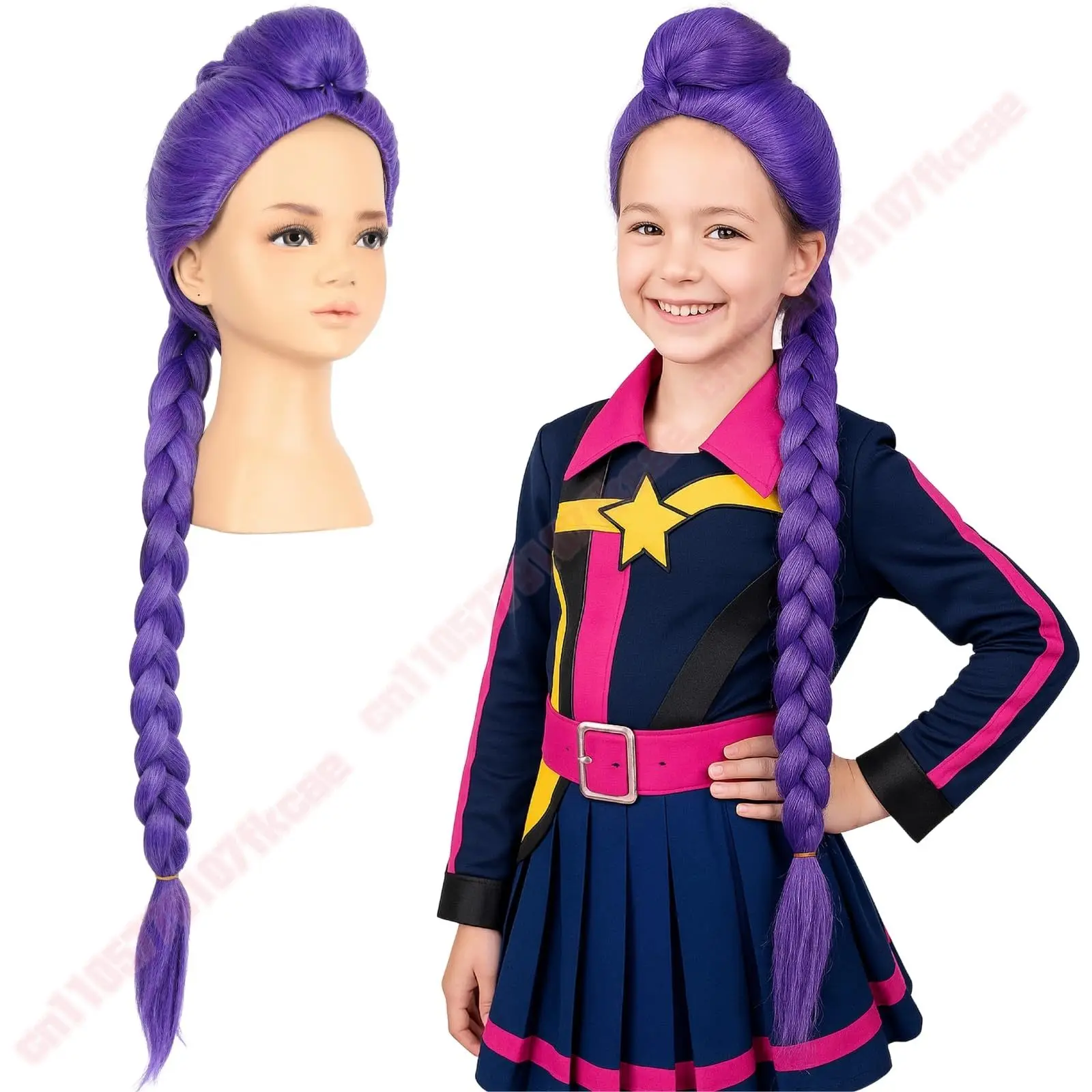 วิกผมเด็กผู้ชาย Saja รุ่น Mira Zoey Rumi สำหรับคอสเพลย์ วิกผมสังเคราะห์ถักเปียสำเร็จรูป สีม่วง สำหรับผู้หญิง ผมฟูแบบ Yaki หางม้า อนิเมะ ทนความร้อน