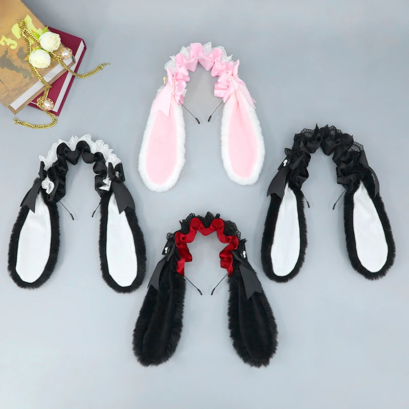 

Japanese Kawaii Girls Big Rabbit Bunny Plush Lop Ears Headband Bowknot Lolita Cosplay Sweet Hair Accessories