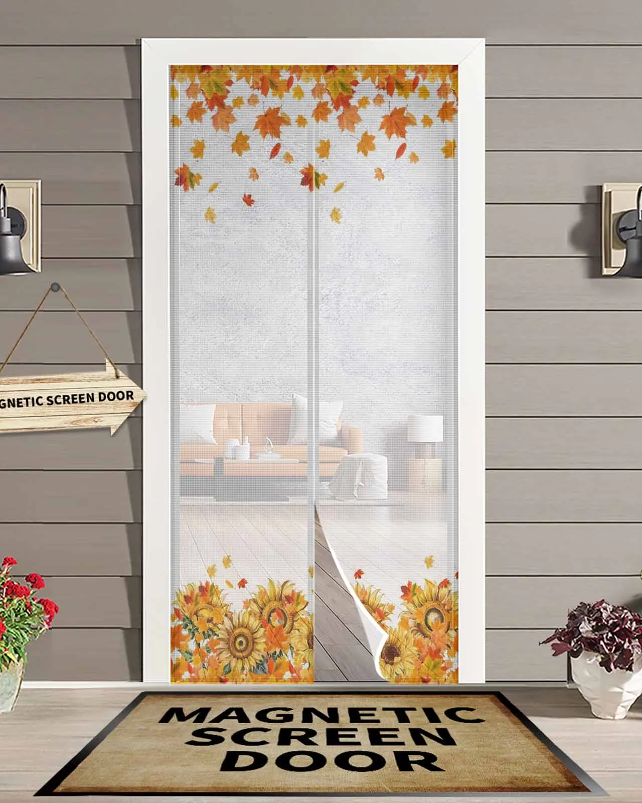 

Watercolor Sunflower Maple Leaf Magnetic Door Curtain Living Room Bedroom Home Anti-mosquito Screen Door Curtain
