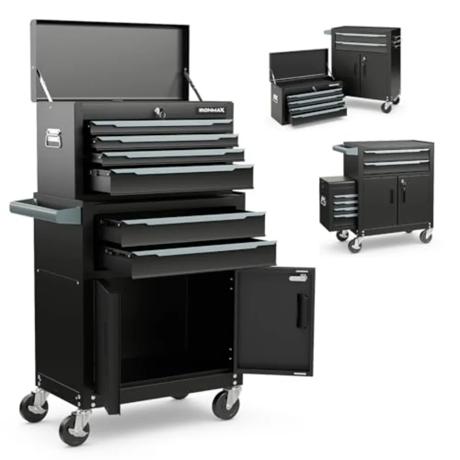 

Extra Large Rolling Tool Chest with 6 Drawers 4 Lockable Universal Wheels Auto Lock Protective Liner 2-in-1 Heavy Duty Storage