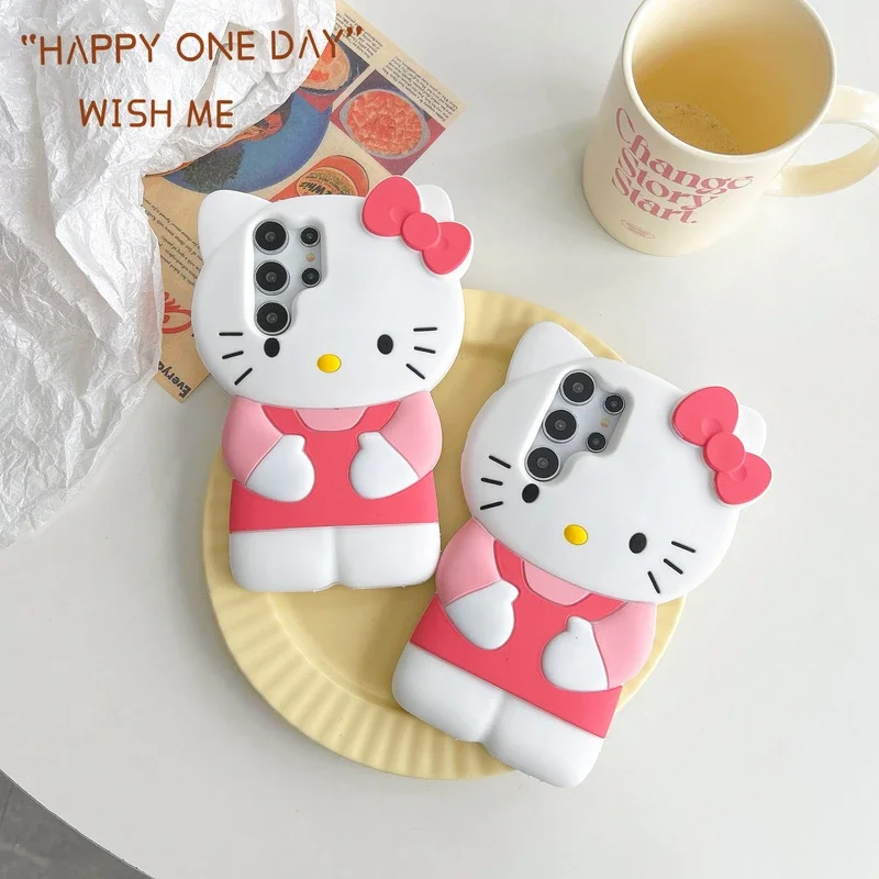 Cute Cartoon Sanrio Hello Kitty 3D Stereoscopic Phone Case For Samsung Galaxy S 24 23 22 Ultra Puls Soft Silicone Cover