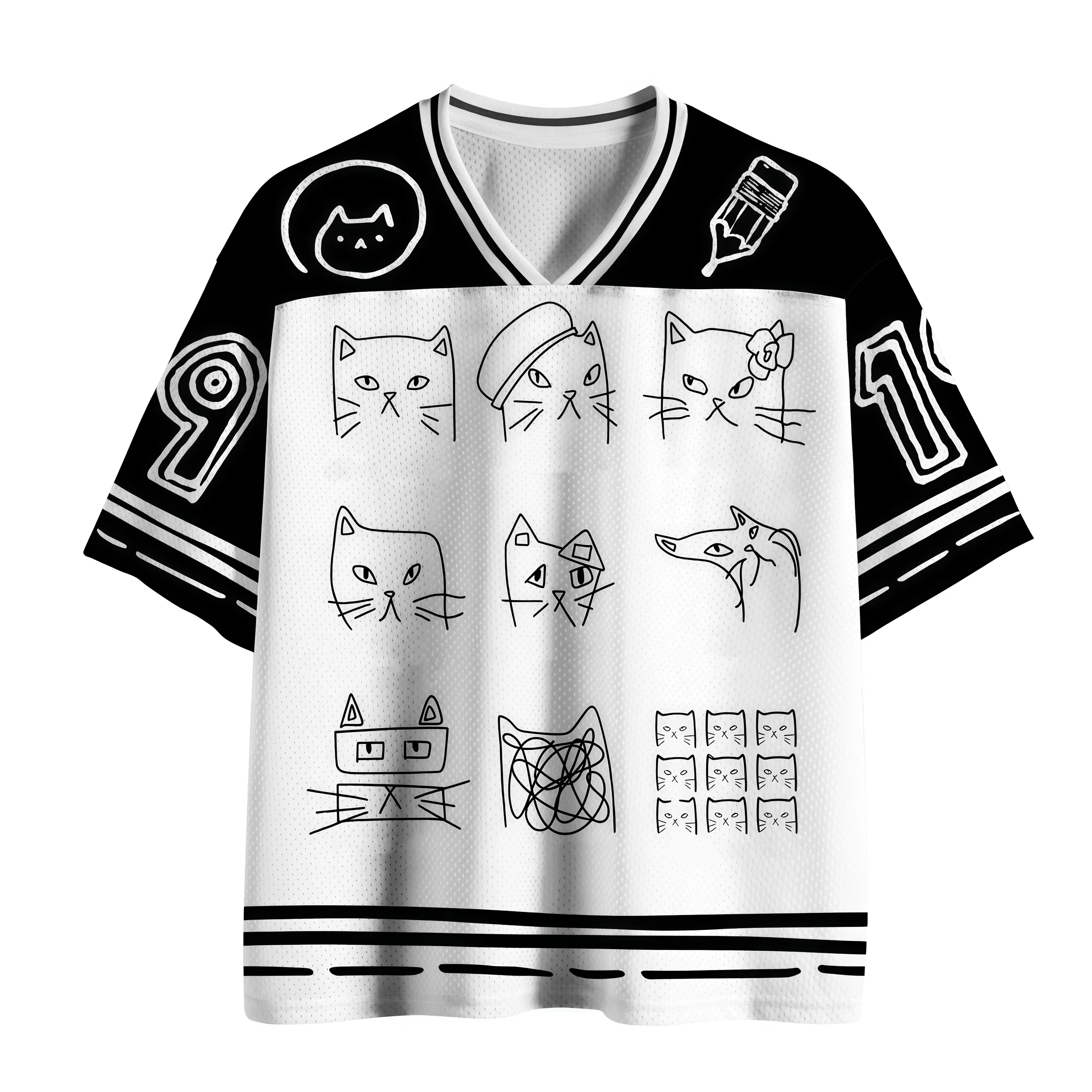 Cat Graffiti Mesh T-shirt Sketching Art Print V-neck Aesthetics Street Trend Sports Short Sleeve Men's and Women's Same Style