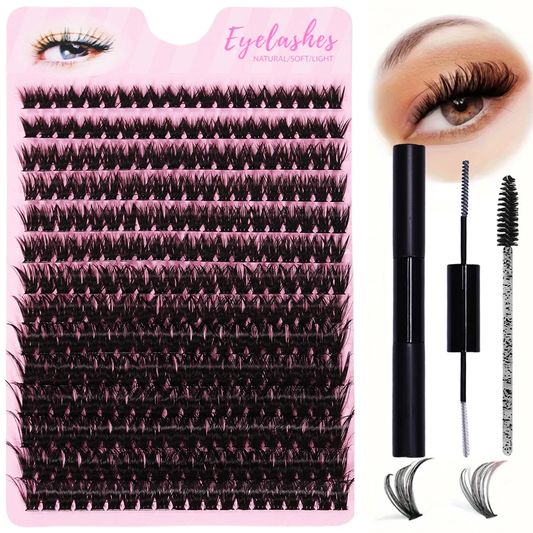 DIY Eyelash Extension Kit with 280pcs Lashes Cluster D Curl and Mix Length Eyelash Adhesive Sealant and Lashes Brushes