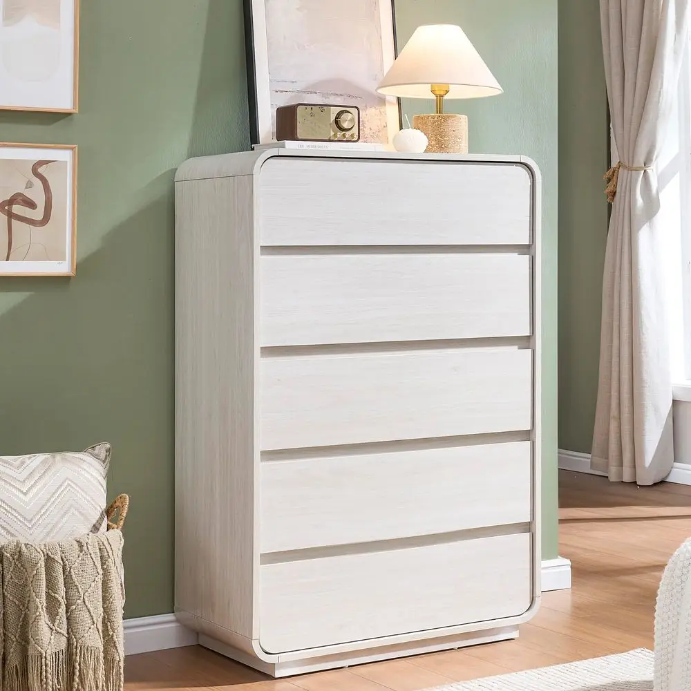 

White 5 Drawers Dresser, Curved Dresser with Storage Organizer, Modern Drawer of Handleless, Large Chest of Drawers for Living