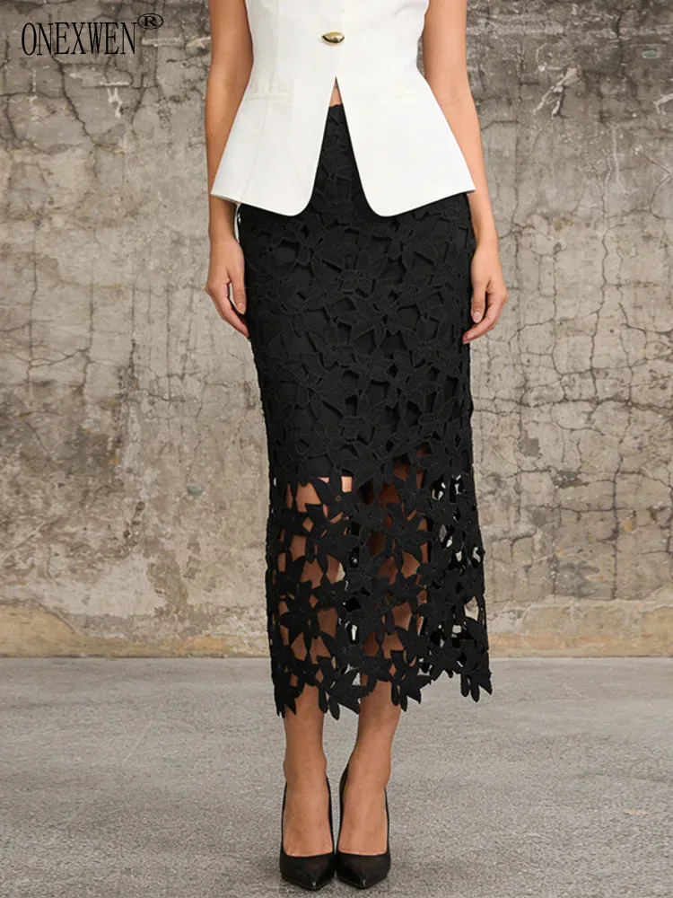 ONEXWEN Luxury Heavy Craft Lace Skirt Women Elegant Hollow Out Embroidery Flower Long Skirts High Waist Chic 2026 ZM5243