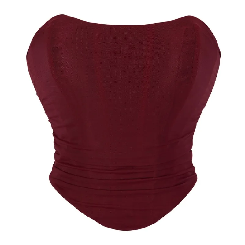 

Women Overbust Corset Sexy Elegant Mesh Ruched Fishbon Tie Back Backless Curved Hem Bustier Bodyshaper Club Crop Tube Top