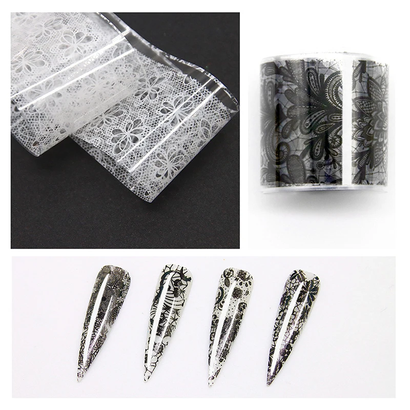 1/10 Rolle Elegante Schwarz-Weiße Spitzenblumen-Nageltransferfolien Fantasie Retro Blumenmuster Sternenhimmel Papieraufkleber Maniküre-Zubehör – Detail 12