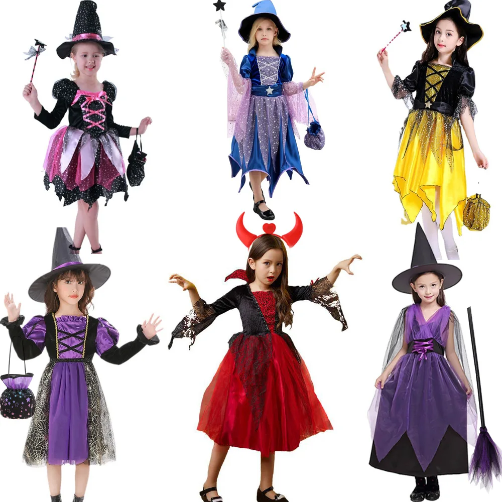 

Halloween Customes for Girls Kids Ghost Bride Gothic Costume Witch Vampire Carnival Outfit Black Red Clothes