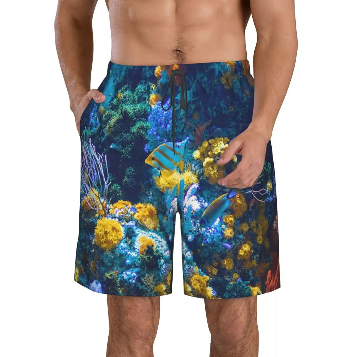 Celana Pantai Pria Motif Terumbu Karang Australia Berwarna-warni Dengan Ikan Tropis, Celana Pendek Kasual Cepat Kering Untuk Berenang Musim Panas