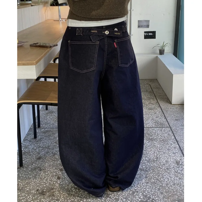 

Vintage High Waist Wide Leg Jeans Floor Length Button down Denim Pants Straight Cut Blue Cotton Non-Stretchy Daily Wear
