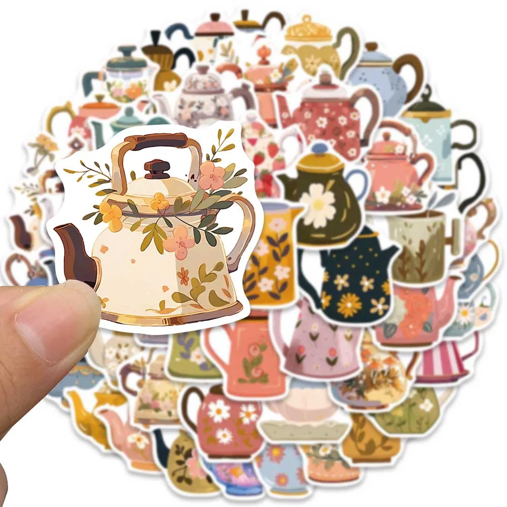 50pcs Cute Cartoon Fresh Flowers Teapot Stickers Vinyl Laptop Decals Luggage Guitar Phone Stationery Waterproof Graffiti